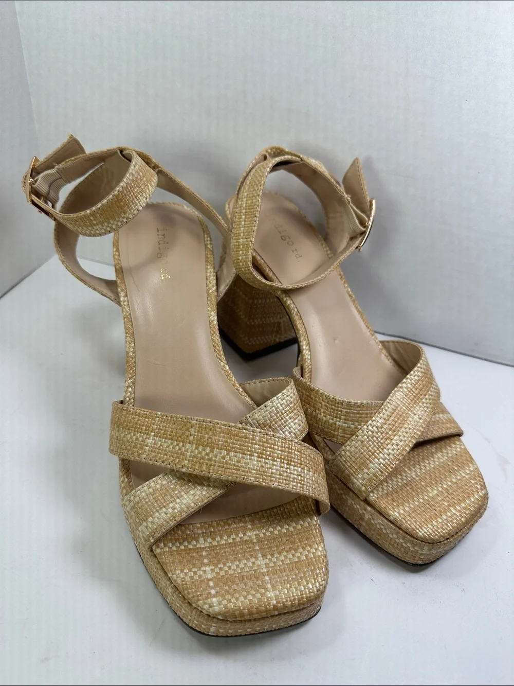 Indigo Rd Tan Beige Woven Plaid Platform Sandals Ankle Strap Women’s 8.5 neutral